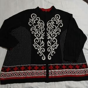 CJ Banks 3X Cotton Blend Black/Red/White Full-Zip Cardigan Sweater Long-Sleeved